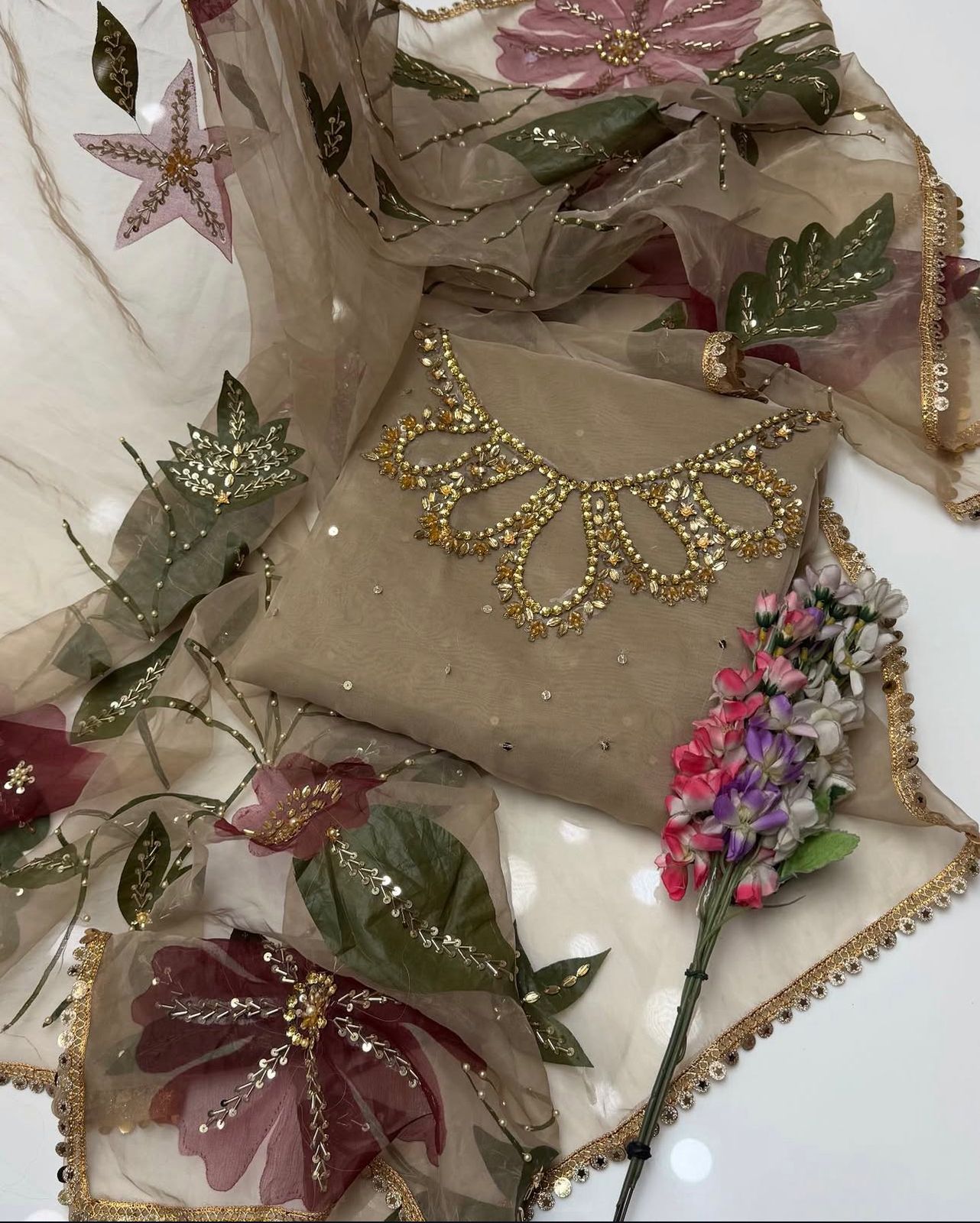 Unstitched Handwork Organza zari beads 2 pc