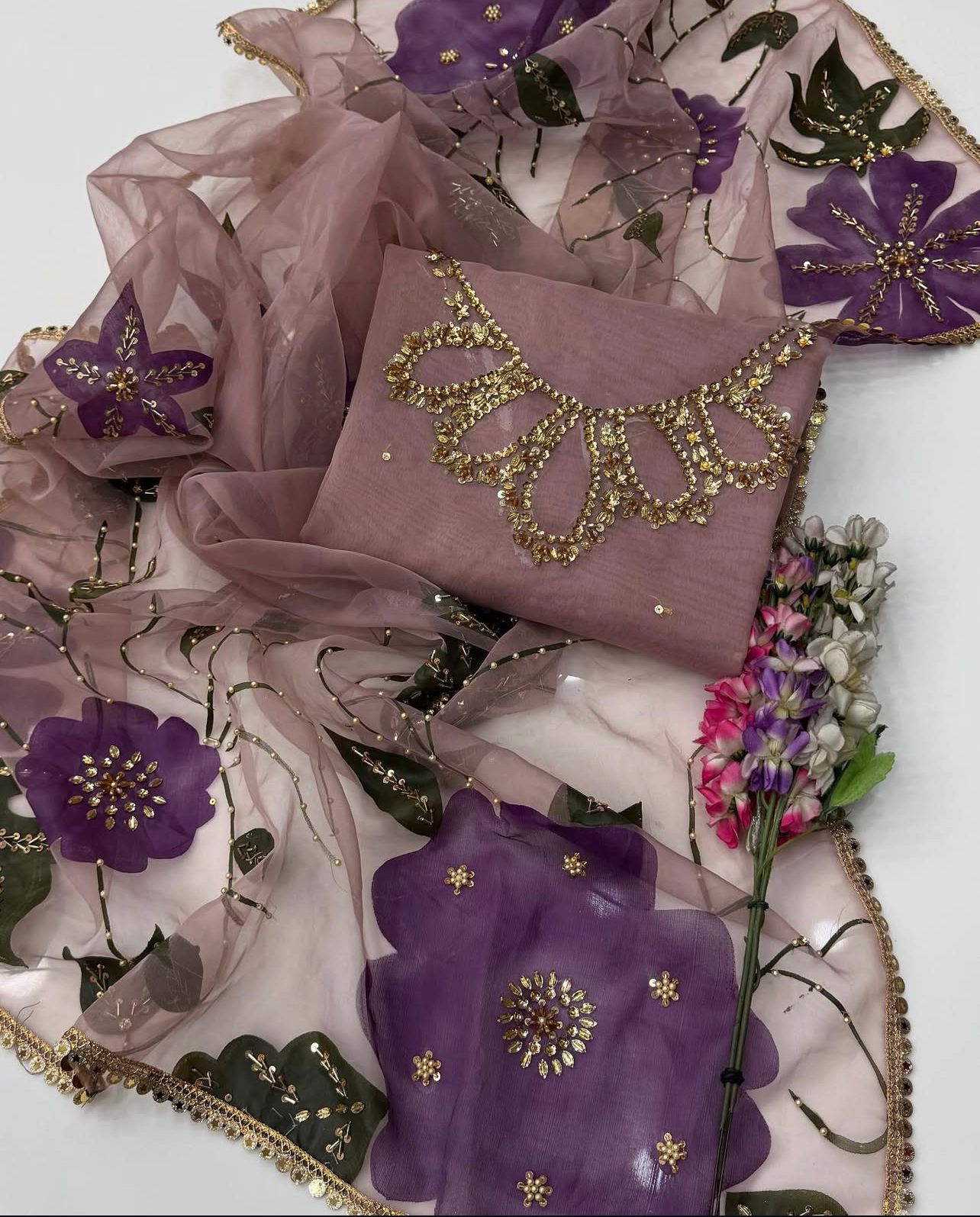 Unstitched Handwork Organza zari beads 2 pc