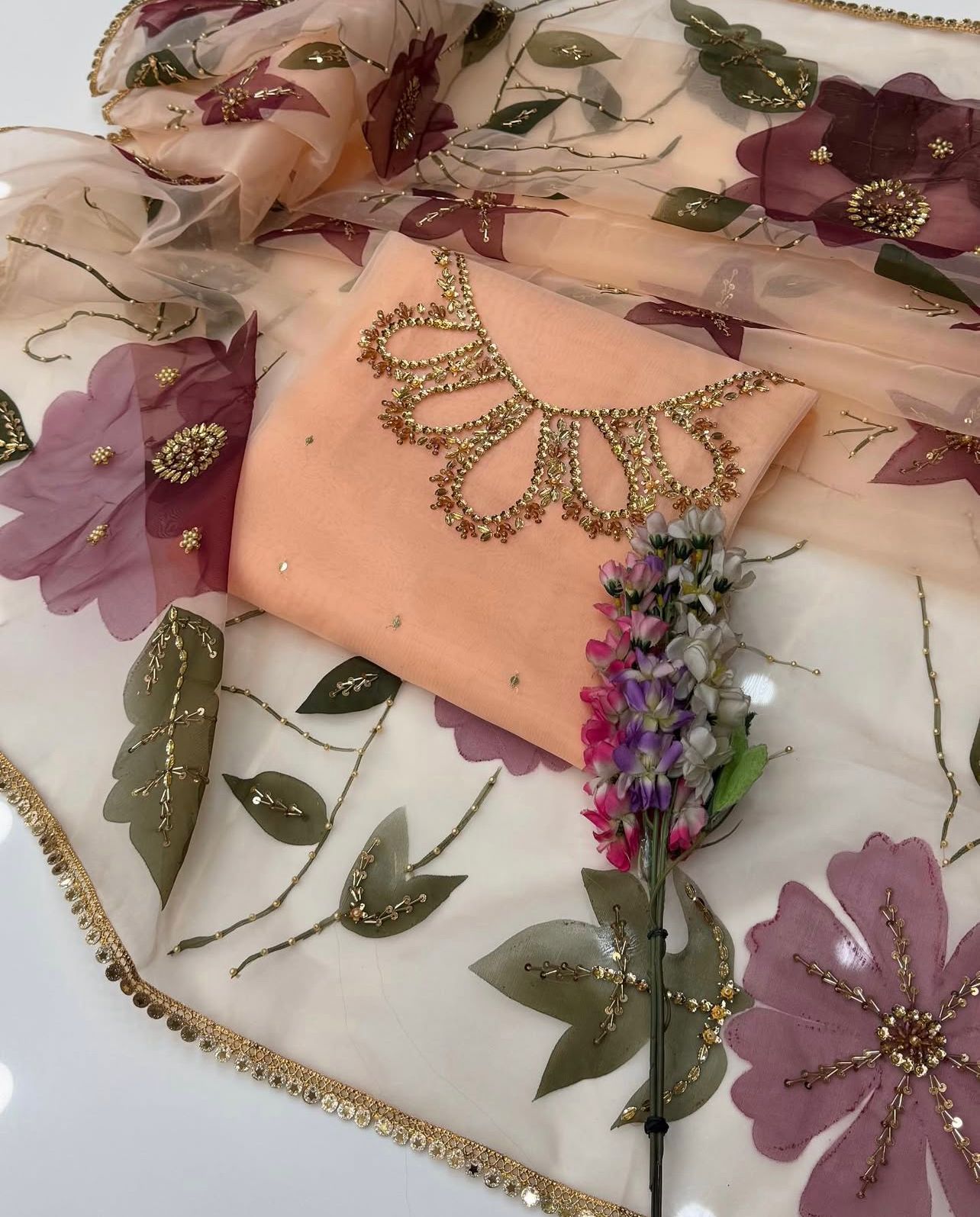 Unstitched Handwork Organza zari beads 2 pc