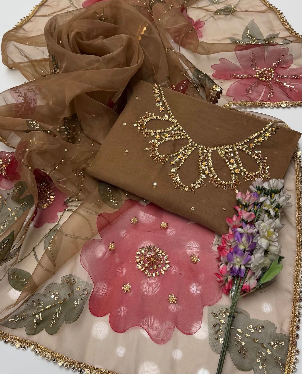 Unstitched Handwork Organza zari beads 2 pc