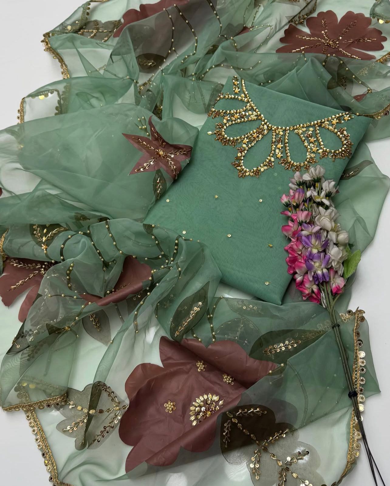 Unstitched Handwork Organza zari beads 2 pc