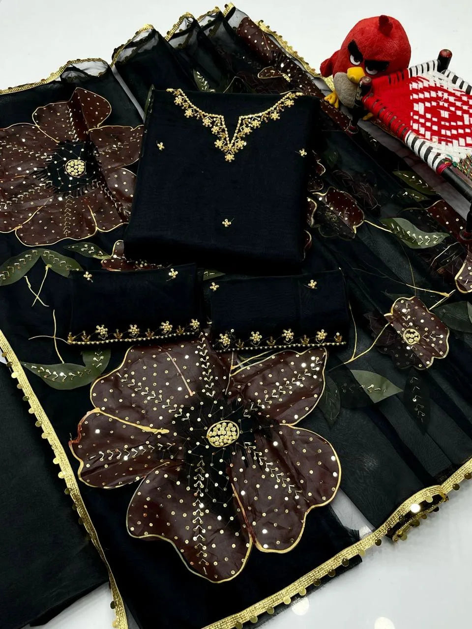 Organza hand brush 3 pc unstitched  - Premium Quality Fabric - Kamran Suiting