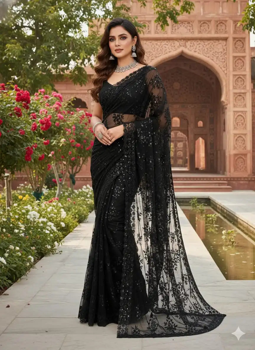 Pakistani Net Saree – Heavy Embroidered Soft Net Sequence Work Saree