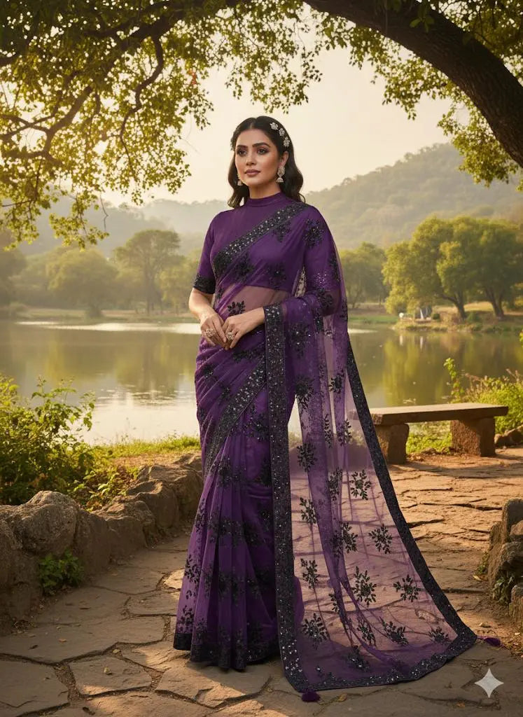 Pakistani Net Saree – Heavy Embroidered Soft Net Sequence Work Saree