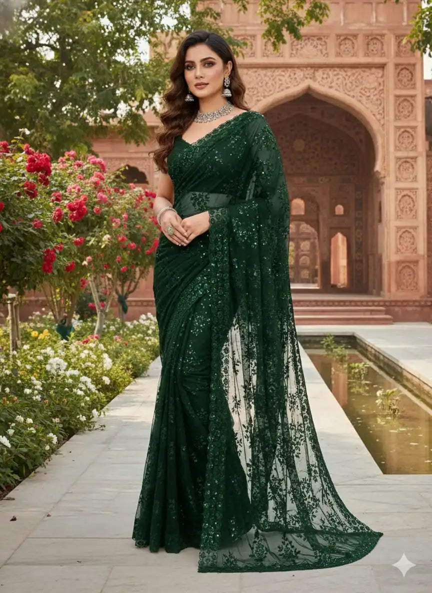 Pakistani Net Saree – Heavy Embroidered Soft Net Sequence Work Saree
