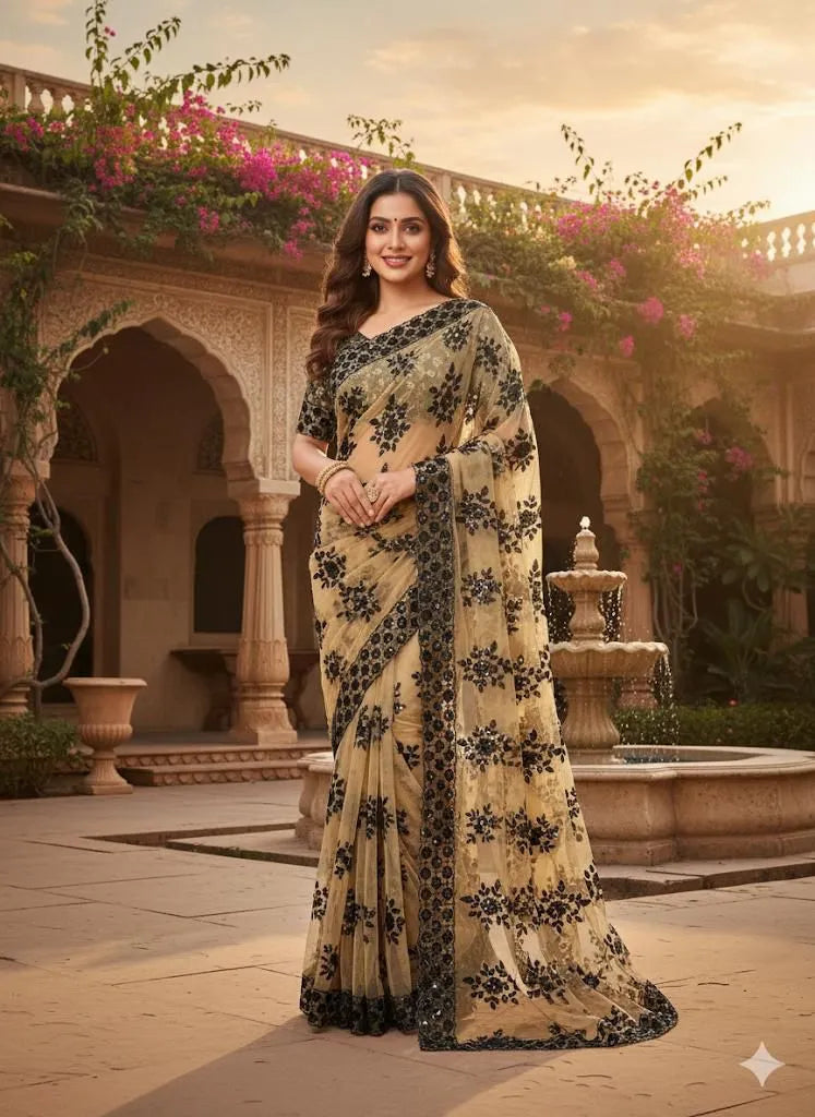 Pakistani Net Saree – Heavy Embroidered Soft Net Sequence Work Saree